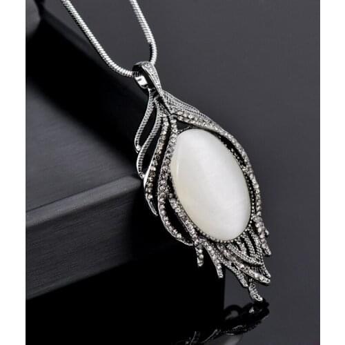KIOOZOL Vintage Oval OPAL Pendant Tassel Line Black Silver Color Pendant Long Necklace For Women Statement Jewelry 071 KO4