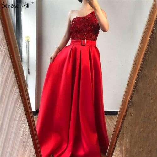 Red One Shoulder A-Line Sexy Prom Dressese Sleeveless Handmade Flowers Diamonds Prom Gowns 2020 Serene Hill BLA70201