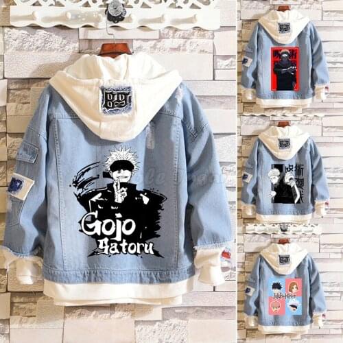 Jujutsu Kaisen Anime Jeans Jacket Gojo Satoru Print Casual Men Women Patchwork Denim Jacket Autumn Hooded Outwear Coat C65M195