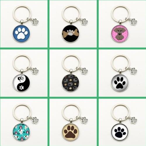 New Cute Cartoon Keychain Pet Footprint Pendant Round Glass Animal Dog Cat Paw Pattern Key Ring Jewelry Fashion Charm Gift Women