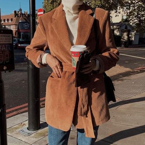 Solid Corduroy V Neck Coat Spring Autumn Vintage Single-Breasted Belt Loose Oversized Coat Jacket Women Outwear Casual Clothing