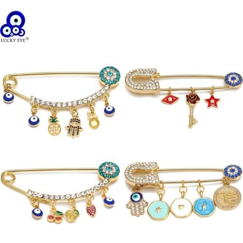 Lucky Eye Blue Turkish Evil Eye Charm Tassel Brooch Pin Gold Color Star Fatima Hand Brooch for Women Girls Men Jewelry BE217