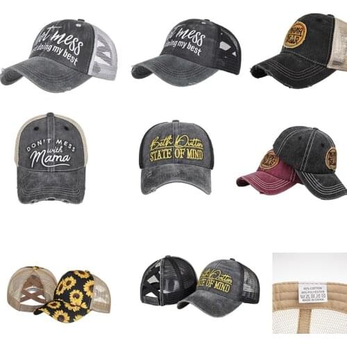 New Fashion Women Criss Cross Hat Letter Printed Ponytail Hat Washed Distressed Mesh Trucker Hat For Female