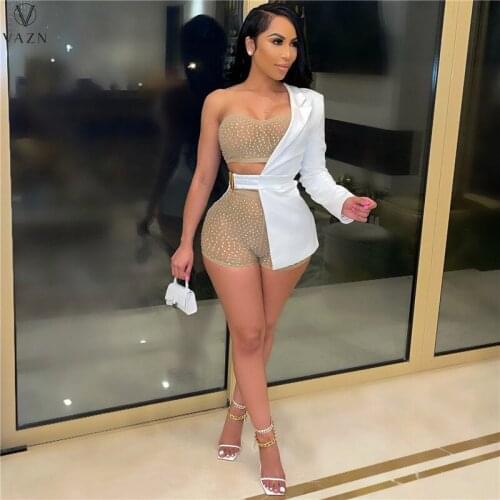 VAZN 2021 Summer Long Sleeve One Shoulder Sexy Skinny Jogger Suits 2 Piece Set Elegant Holiday 2 Piece Set Women Top And Pant
