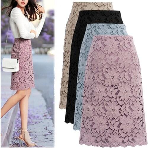 Women Skirt Plus Size Lace Elegant Office Skirts Women 2021 Pencil Bandage Skirt For Womens Skirts Knee-length High Waist