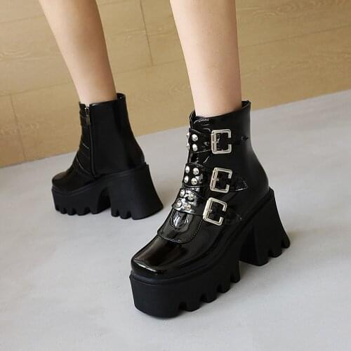 Rivet Three-Breasted Patent Leather Platform Heel Womens Boots With Square Toe High Waterproof Platform Thick Bottom Punk Style