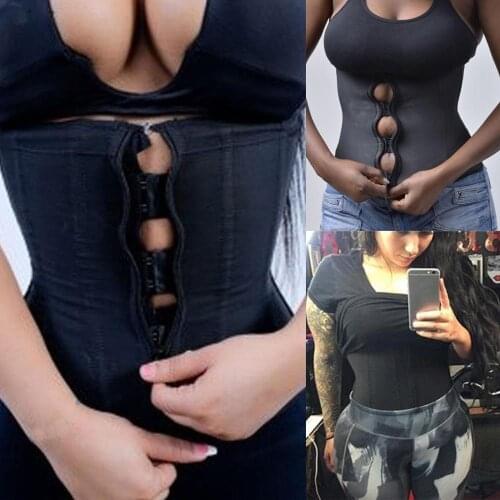 Women Waist Trainer Corset Body Shaper Black Latex Rubber Steel Boned Zippers Firm Waist Cinchers Modeling Strap Tummy Control