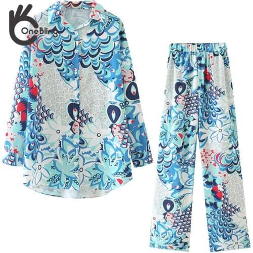 OneBling Za Woman 2021 Suits Outfits Female Blouses Summer Thin Printed Loose Shirt Long Traf Pants Casual 2 Piece Sets