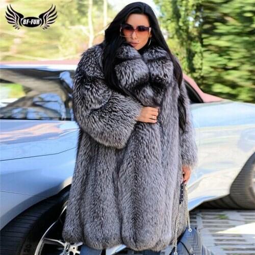 BFFUR Long Silver Fox Fur Coat Natural Women High Quality Whole Skin Genuine Silver Fox Fur Overcoats With Big Lapel Collar Coat