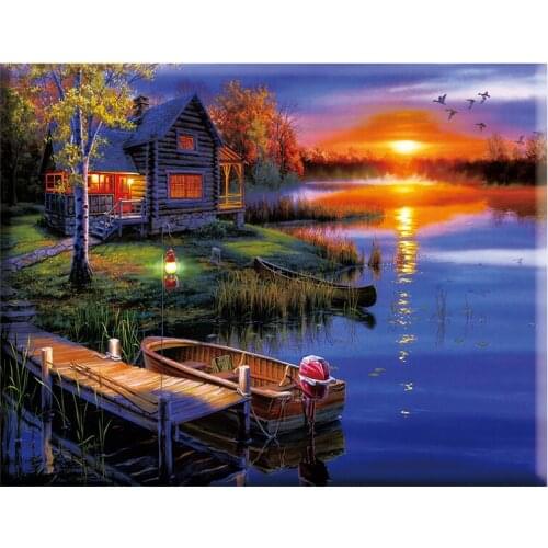 5D DIY Diamond Painting Landscape House&Boat Cross Stitch Patterns Full Drill Resin Diamond Painting kits for Embroidery