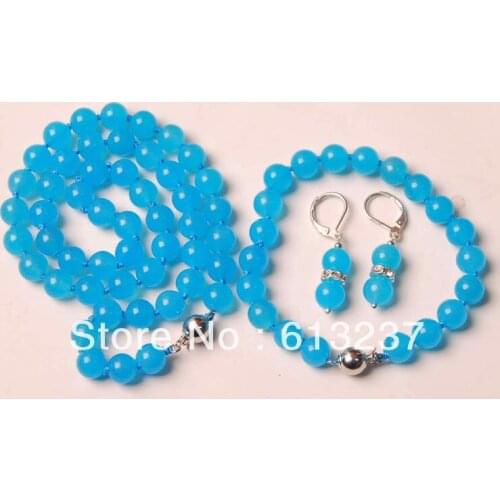 Free Shipping new Fashion 10MM Blue Chalcedony jades stone beads round chain Necklace(18" )Bracelet(7.5") Earring YE00006