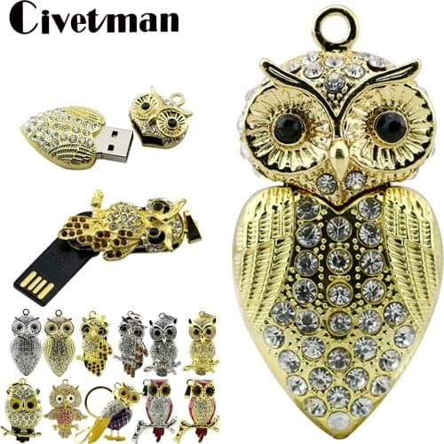 Crystal Pendant USB Flash Drive Animal Owl Pendrive 256GB Metal Pen Drive 8GB 16GB 32GB 64GB 128GB USB Memory Stick Cle USB Disk