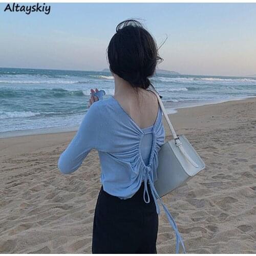 T-shirts Women Summer Blue Leisure Holiday Female Tops Long Sleeve Sexy Thin Shirring Korean Style Basic Simple Slim Slash Neck