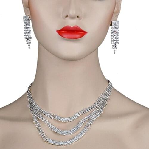 Chran Exiquisite Crystal Wedding Jewelry Set for Women Rhodium Plated 3 Rows Rhinestone Necklace Jewelry Accessories