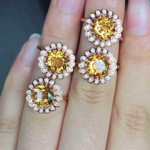 Natural citrine Ring Natural yellow crystal Ring 925Sterling Silver trendy trend Luxury Sunflower womens Party fine Jewelry