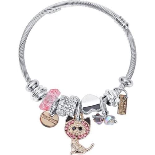 Fashion Cat Charm Bracelet Lady Jewelry High Quality Open Size Stainless Steel Bracelet