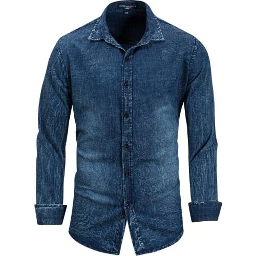 Mens Long-sleeved Solid Denim Shirt Fashion Brand Classic Retro Denim Slim Jeans Casual Army Shirt Spring And Autumn Tops