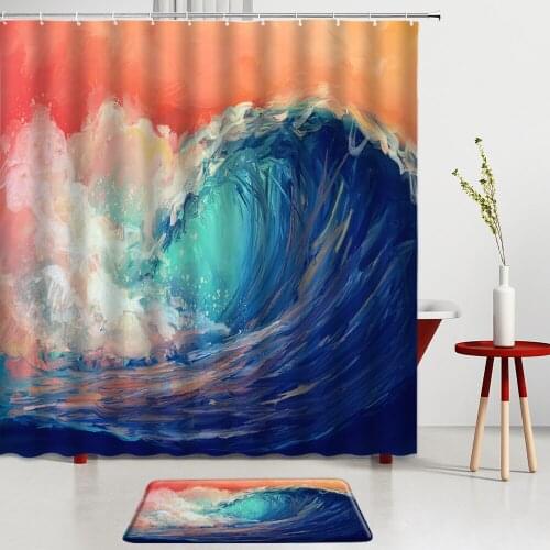 Sea Wave Pattern Shower Curtains Set Ocean Landscape Bath Mats Room Decor Entrance Door Mat Bathroom Screen Rugs Flannel Carpet