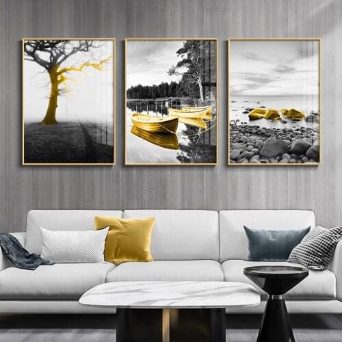 Nordic Poster Decor 3 Pieces Golden Boat Canvas Art Print Coastal Wall Painting Pictures for Living Room Home Decoration