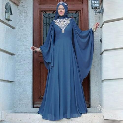 Printed High-waisted Dress With Flying Sleeves Muslim Womens Full Cover Islamic Prayer Garment Solid Color Conservative Clothes