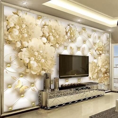 Custom Luxury 3D Pearl Jewelry Flower Wallpaper European Style Soft Package Wall Mural Living Room Sofa TV Background Home Decor