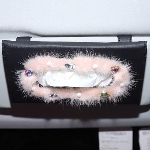 Furry Car Interior Rearview Mirror Cover with Crystals Sunvisor Tissue Bag for Women Girl Nice Gift