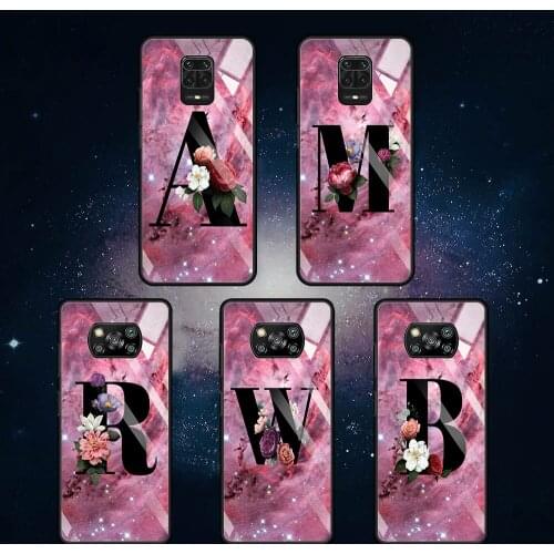 Glass Case for Xiaomi Redmi Note 9S 10 8 Pro 9 9C Poco X3 NFC 11 10T Lite Movil Luxury Smartphone Cover Letter A M O R E Flower