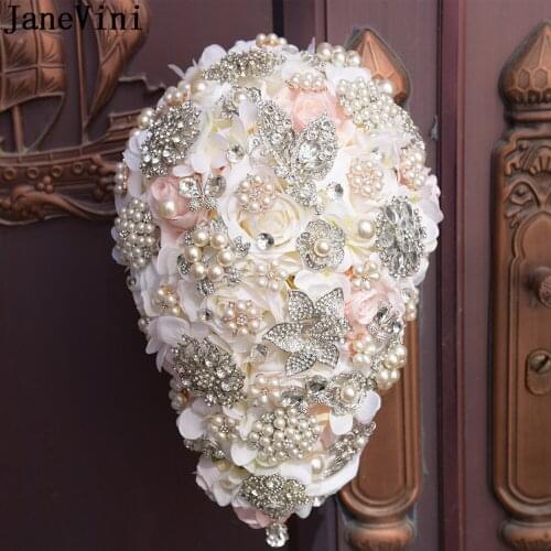 JaneVini Waterfall Champagne Pink Wedding Flowers Bridal Bouquets Rose Artificial Pearl Butterfly Jewelry Crystal Bouquet Mariée