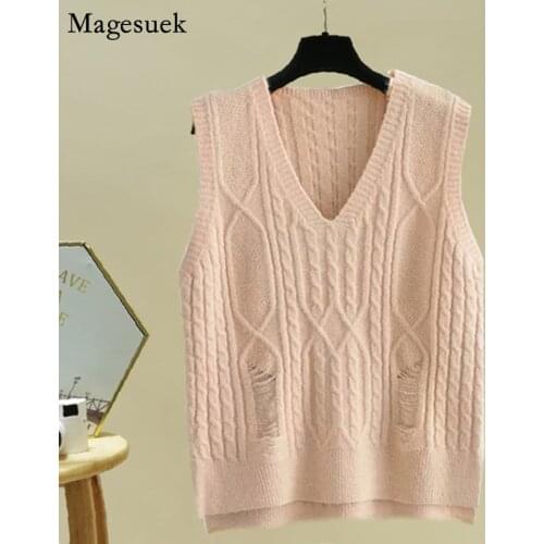Hollow Out Knitted Womens Sweater Vest Autumn And Winter New V-neck Loose Knit Vest Sleeveless Solid Pullover Sweaters 16055