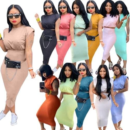 Women Skirts Two 2 Piece Set Fashion Streetwear Crop Tops and Midi Skirt Matching Set Classic Outfits New 2021