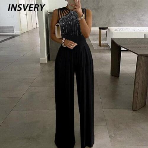 Sexy Women Jumpsuit Diamond Design Solid Sleeveless Summer Solid Wide Leg Pants Playsuit Summer Loose Beach Overalls Romper