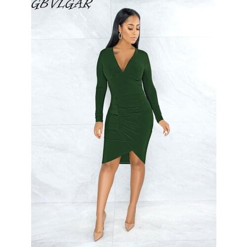 Spring Women Long Sleeve High Waist Tight Bandage Midi Dresses Autumn Female V Neck Folds Slim Irregular Sexy Bodycon Dress