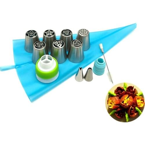 13PCS/Set Russian Icing Piping Tips 1 Pcs Silicone Bag 2 Coupler Leaf Nozzles Brush Cupcake Cake Decorating DIY Dessert