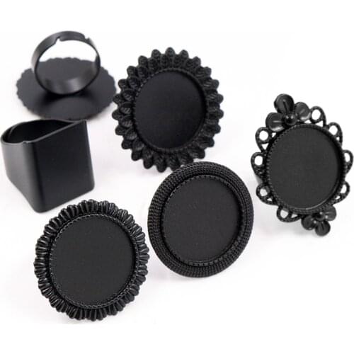 20mm 5pcs Black Plated 5 Style Adjustable Ring Settings Blank/Base,Fit 20mm Glass Cabochons,Buttons;Ring Bezels