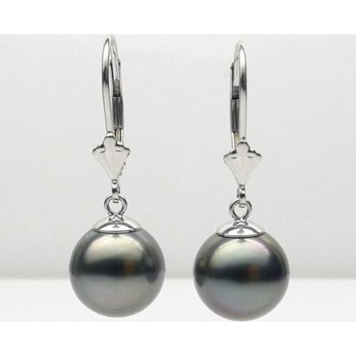 Free Shipping 10-10.5MM Black Real Tahitian Cultured Pearl Drop Earrings Solid 14K White Gold
