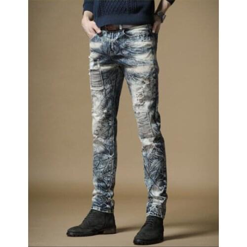 Free Shipping New 2020 mens male Spring jeans slim street trend snowflake wash hole retro old beggar pants men trousers pants