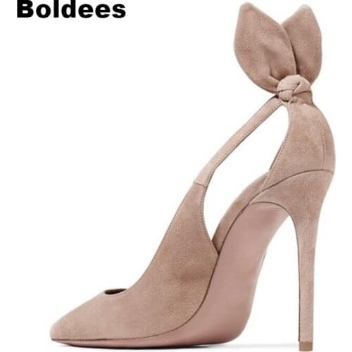Beige Suede Leather Thin High Heel Pumps Women Pointed Toe Cut Out Back Bowtie Stiletto High Heel Shoes For OL Ladies