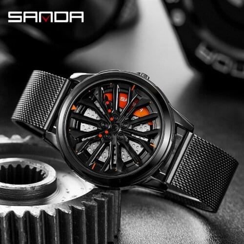 SANDA New Men Watch Car Wheel Rim Hub Dial Male Wristwatch Rotating dial Man Steel Mesh belt Quartz Waterproof Sport Watches