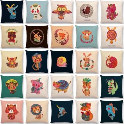 Cute Cartoon Animals Cushion Cover bohemian Dress Fox Lion Tiger Pillowcase home almohadas decorativas cojin coussin décoratif