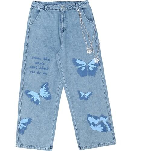 LACIBLE Hip Hop Jeans Men Streetwear Butterfly Jeans Chain Straight Pants 2020 Harajuku Oversize Loose Joggers Men Trousers