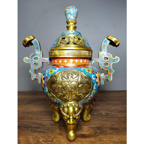 11"Tibet Buddhism Temple Old Bronze Cloisonne Enamel Three-legged wishful incense burner Binaural Stove Fushou Shuangquan