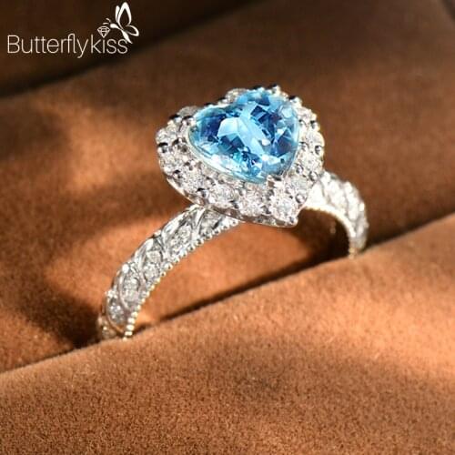 BK 18k Genuine Gold 585 Rings Natural Aquamarine Gemstone Fashion White Gold Heart Shape Wedding Engagement Jewelry For Women