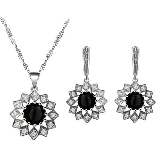 Black Vintage silver plated Zircon Earrings Necklace Pendant Jewelry Set Send Moms Birthday Gift JS835