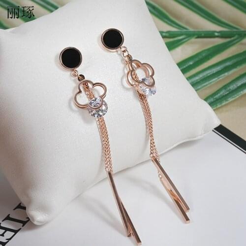 Korean fashion earrings female long fringed four-leaf clover rose gold titanium steel earrings stainless steel ear jewelry