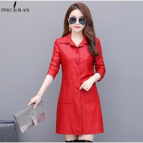 PinkyIsBlack New Spring Autumn Women PU Leather Jacket Long Coat Female Black Red Single Breasted Bomber Faux Leather Outwear