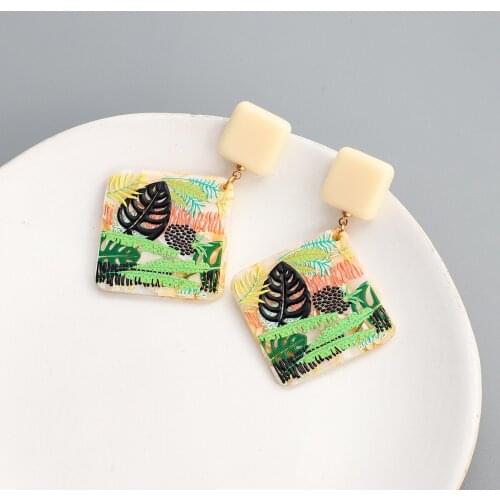 Lifefontier Plant Printing Pattern Acrylic Drop Earrings for Women Unique Geometric Square Dangle Earrings Jewelry Gifts
