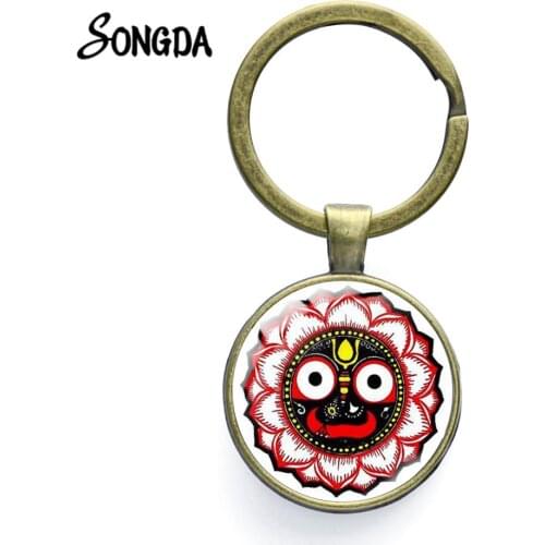 Lord Jagannath Key Chain OM Lotus Puri India Hindu God Art Pattern Glass Cabochon Keyrings Holder Backpack Childrens Day