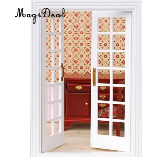 MagiDeal 1Set 1/12 Dollhouse Miniature Exterior Wooden French Door for Dolls House Bedroom Living Room Furniture Toy White