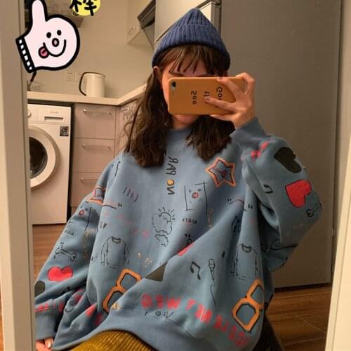 2020 New Autumn Winter Korean Version Loose Homestay Style Graffiti Plush Thickened Pullover Lovely Top Coat Female Student