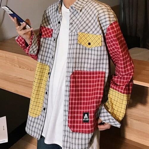 2021 Mens Split Joint Lattice Printing Coats Leisure Hawaiian Shirt Loose French Cuff Mens Fashion Shirts Camisa Masculina